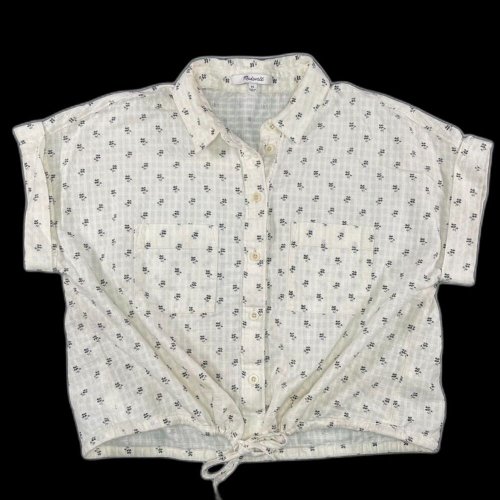 Madewell sz XS Lighthouse Print Drawstring Crop Button-up Top Cotton Ivory Boho